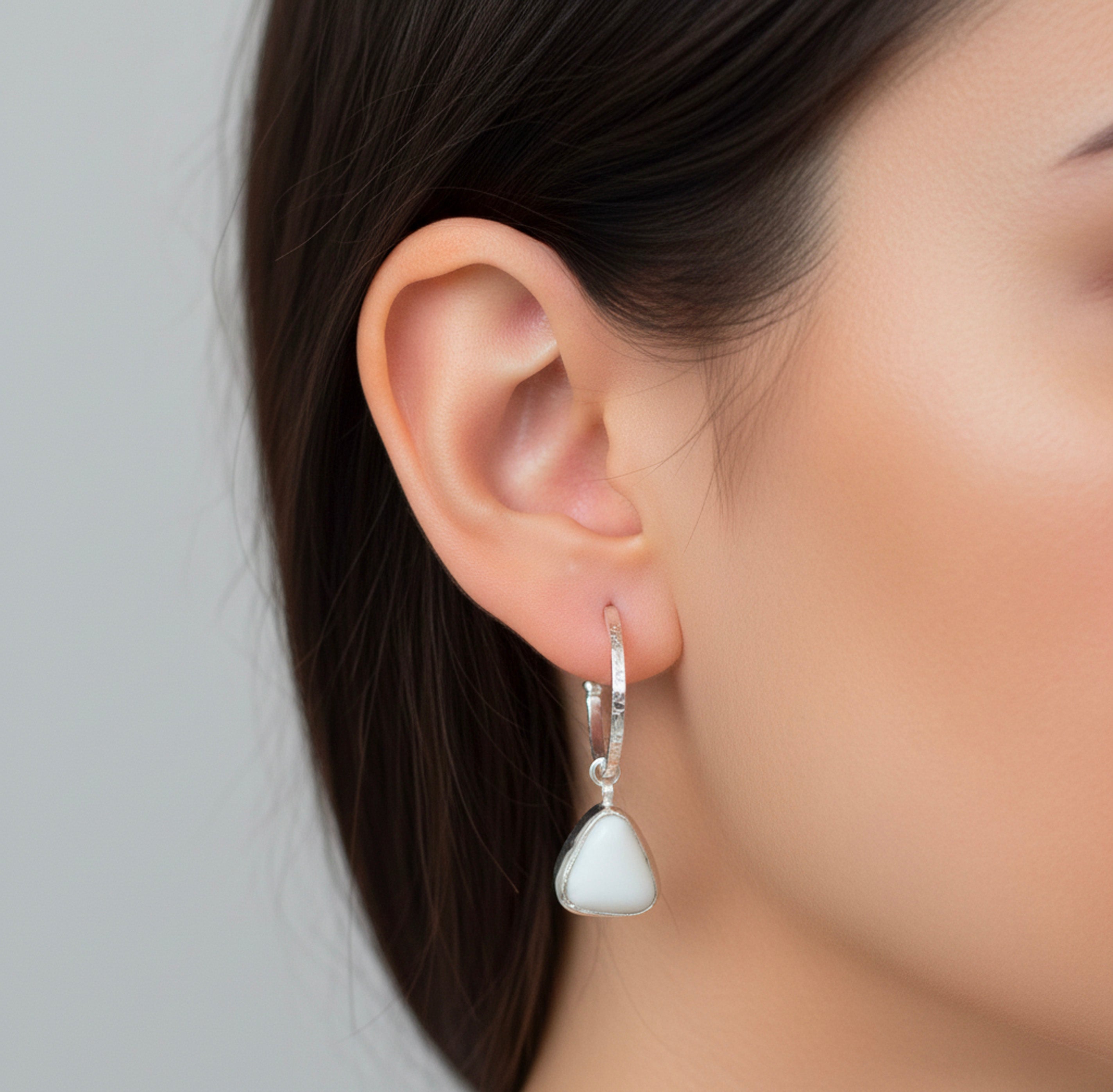 Rockpool Textured Hoop with Milk Sea Glass Drop